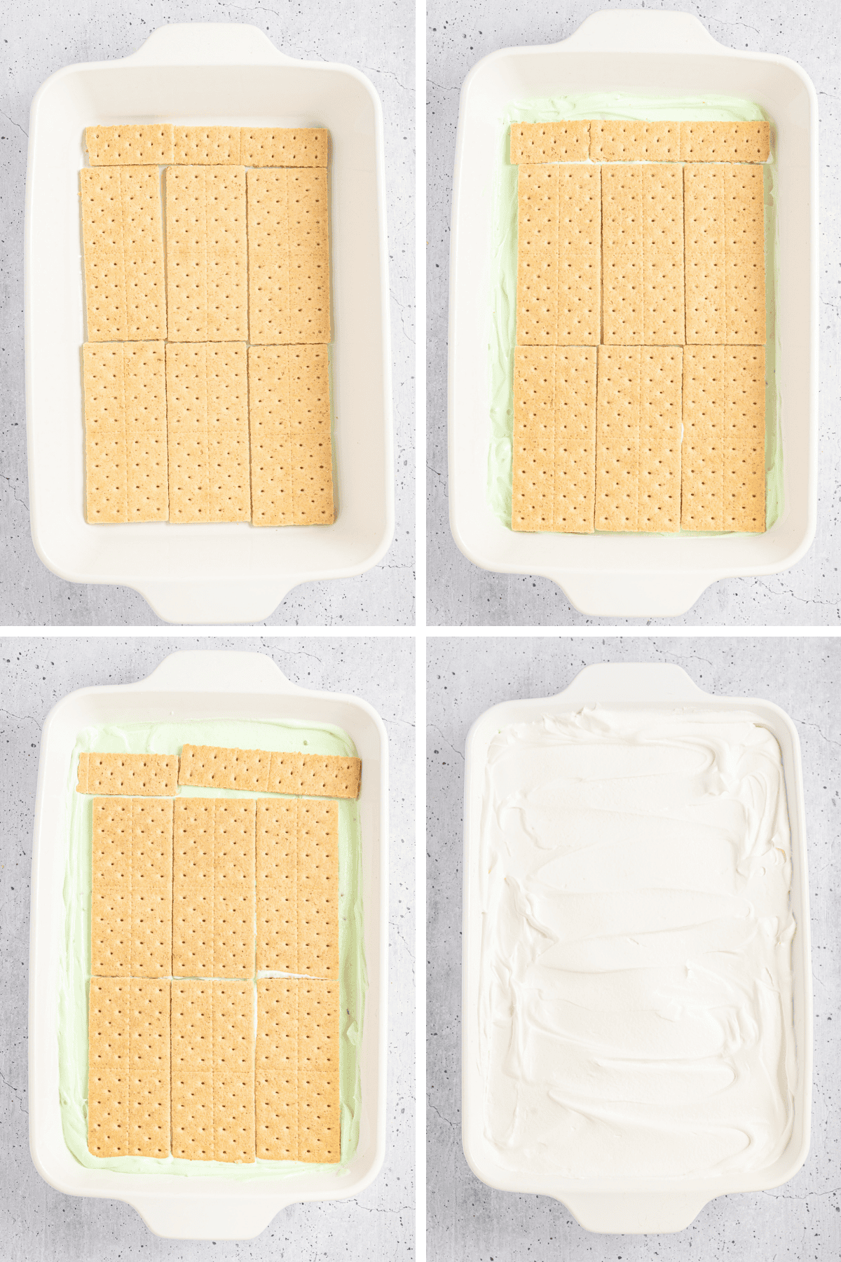 A step-by-step collage showing how to assemble pistachio icebox cake with layers of graham crackers, pistachio filling, and whipped topping.