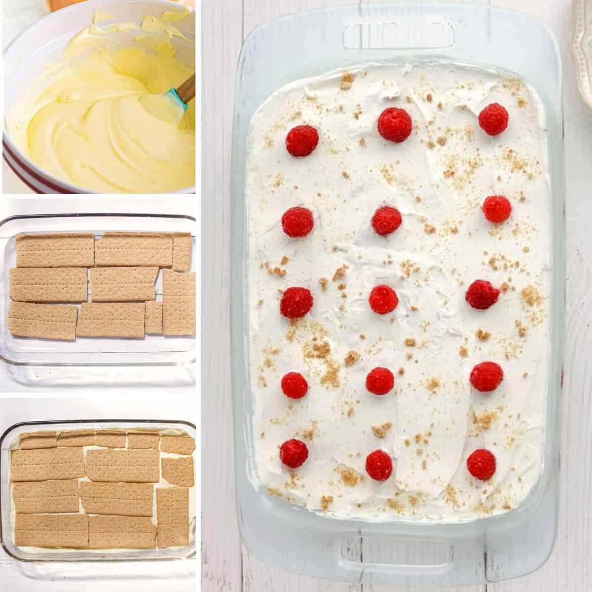 Four image collage of steps to make the ice box lemon cake: mix pudding mixture in a bowl, layer graham crackers in baking dish, top with pudding mixture and repeat layers, top with cool whip and fresh berries.