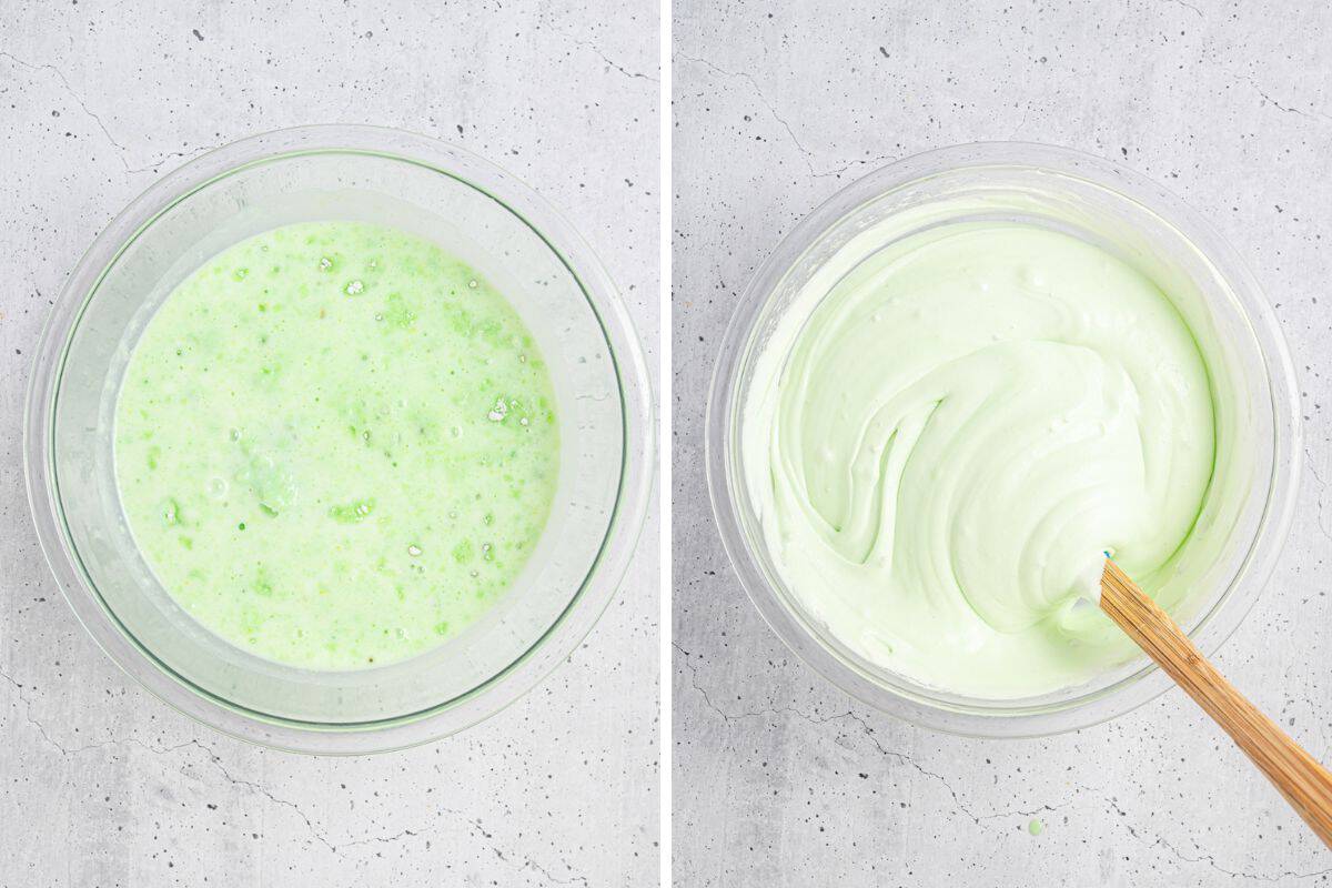 Two bowls showing the process of making pistachio pudding filling.