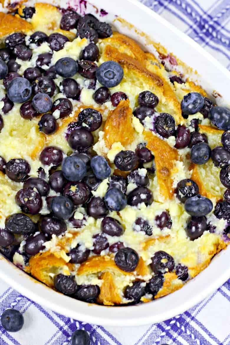 Blueberry Breakfast Casserole in a white baking dish