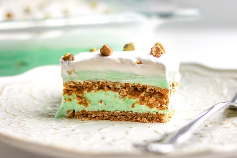 Pistachio Poke Cake: pistachio pudding, cake mix, pecans