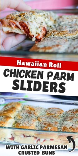 Hawaiian Roll Chicken Parm Sliders with garlic parmesan crusted rolls.