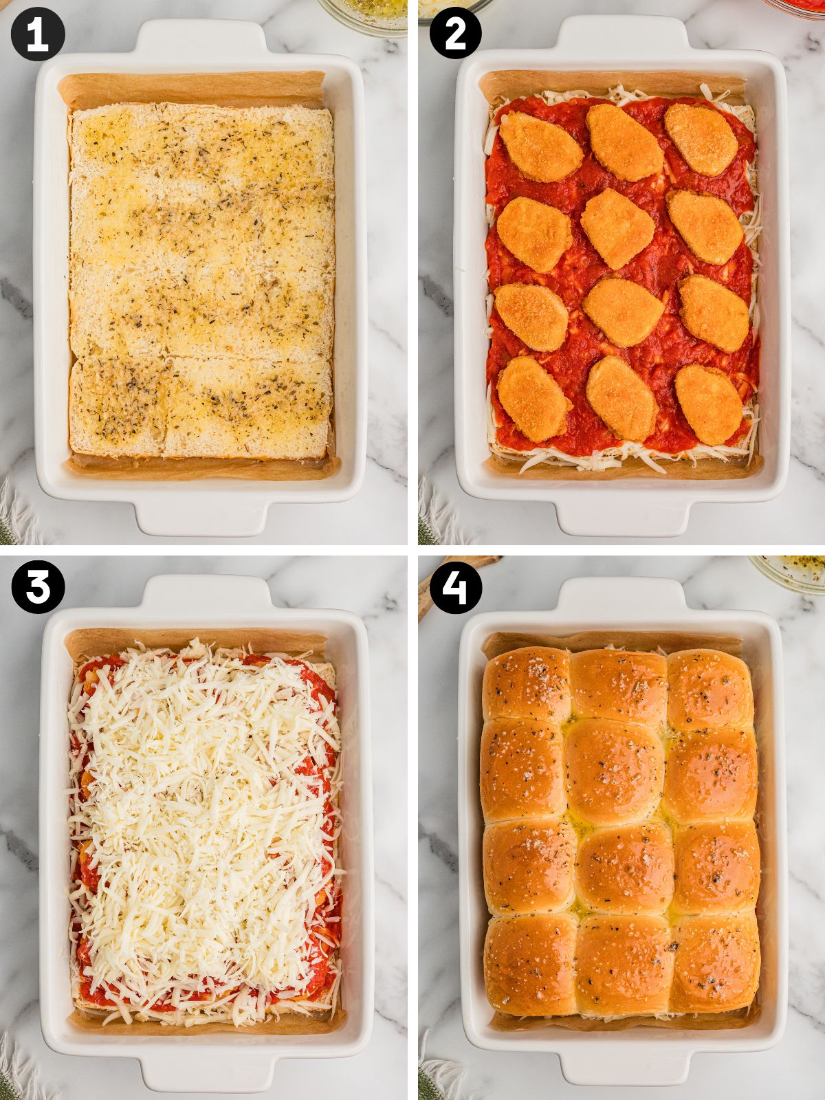 Four-step collage showing how to assemble chicken parmesan sliders with chicken nuggets.