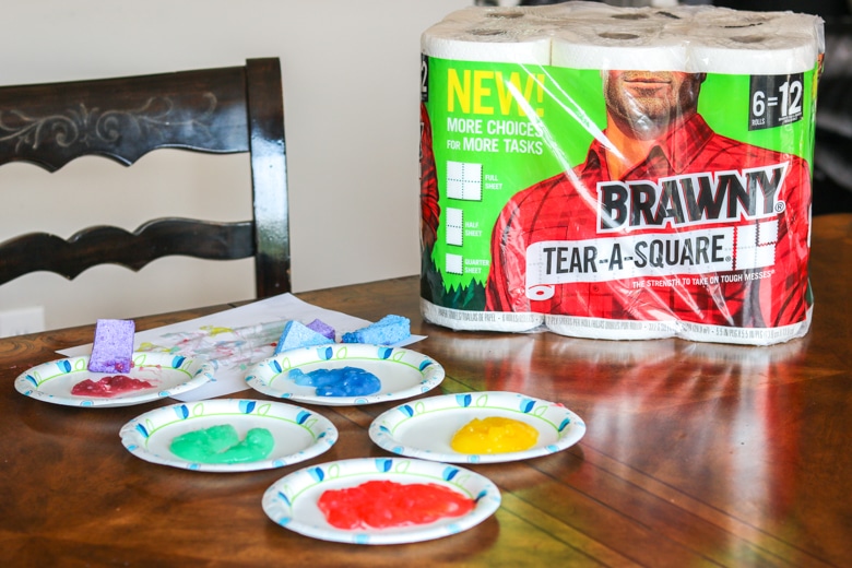 Various colors of homemade paint on paper plates, sponges, paper, and paper towel package.