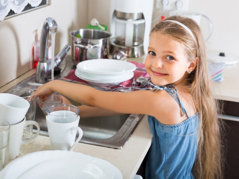 Young girl washing dishes in a sink
