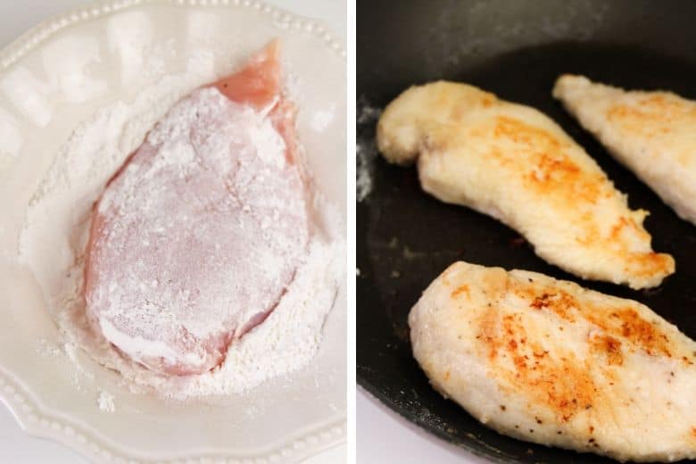 Left: Chicken breast dipped in flour. Right: 3 browned chicken breasts in skillet.