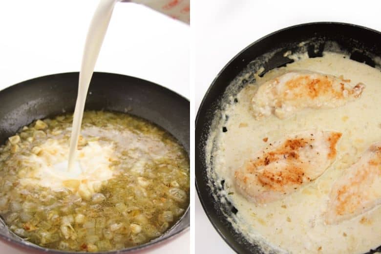 Left: Cream being poured into skillet. Right: Chicken in skillet with creamy sauce.