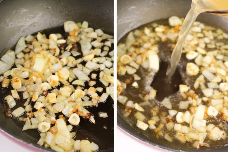 Left: Garlic and onion in skillet. Right: Broth being poured into skillet over garlic and onion.