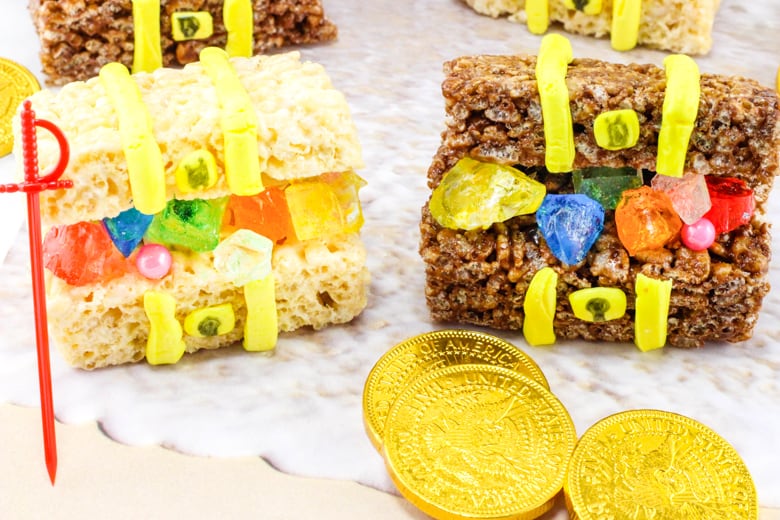 Treasure chests made with candy and rice treats