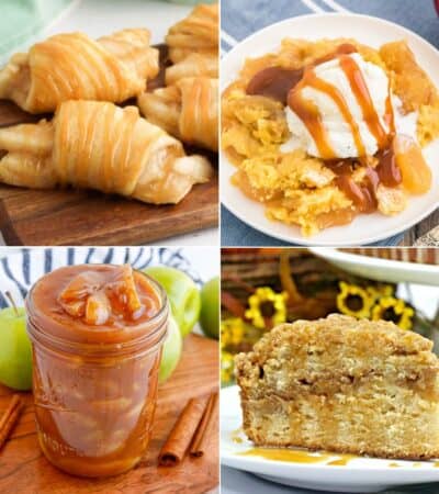 Collage of 4 apple recipe photos: apple pie bites, apple dump cake, apple pie filling, and apple crumb cake.