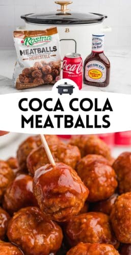 Collage pin with top photo showing frozen meatballs bag, a Coca-Cola can, and a bottle of Sweet Baby Ray&rsquo;s barbecue sauce in front of a slow cooker. Bottom half is a close-up of a glazed meatball held by a toothpick, surrounded by other cocktail meatballs. Text overlay reads &ldquo;Coca Cola Meatballs.&rdquo;