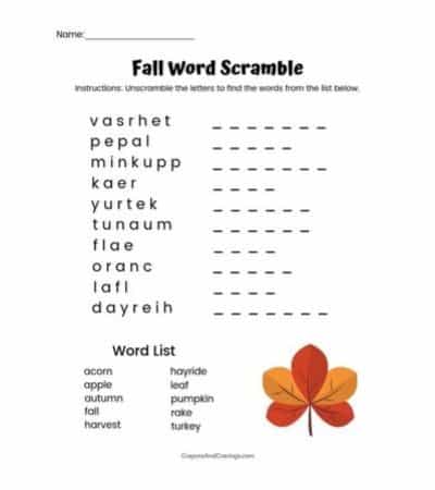 Fall Word Puzzle Printable