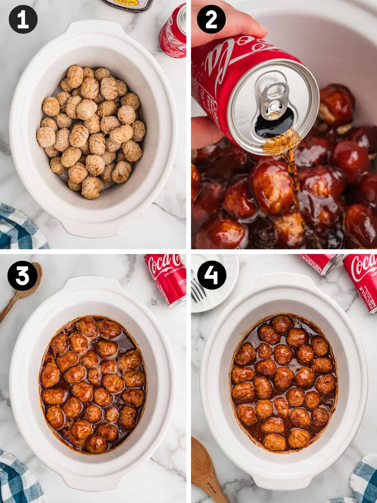 Four numbered images showing the process of making Coca-Cola meatballs in a crock pot. Step 1 shows frozen meatballs placed in the cooker. Step 2 shows coke being poured over the BBQ sauce topped meatballs. Step 3 shows the meatballs coated in the sauce. Step 4 shows the fully cooked meatballs coated in a thick, glossy sauce.