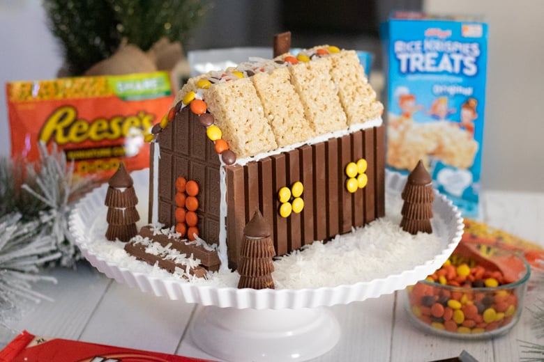 Candy Cabin with Snowy Ground around the base made of shredded coconut.