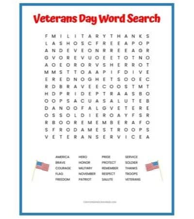 Veterans Day Printable Word Search Puzzle for Kids