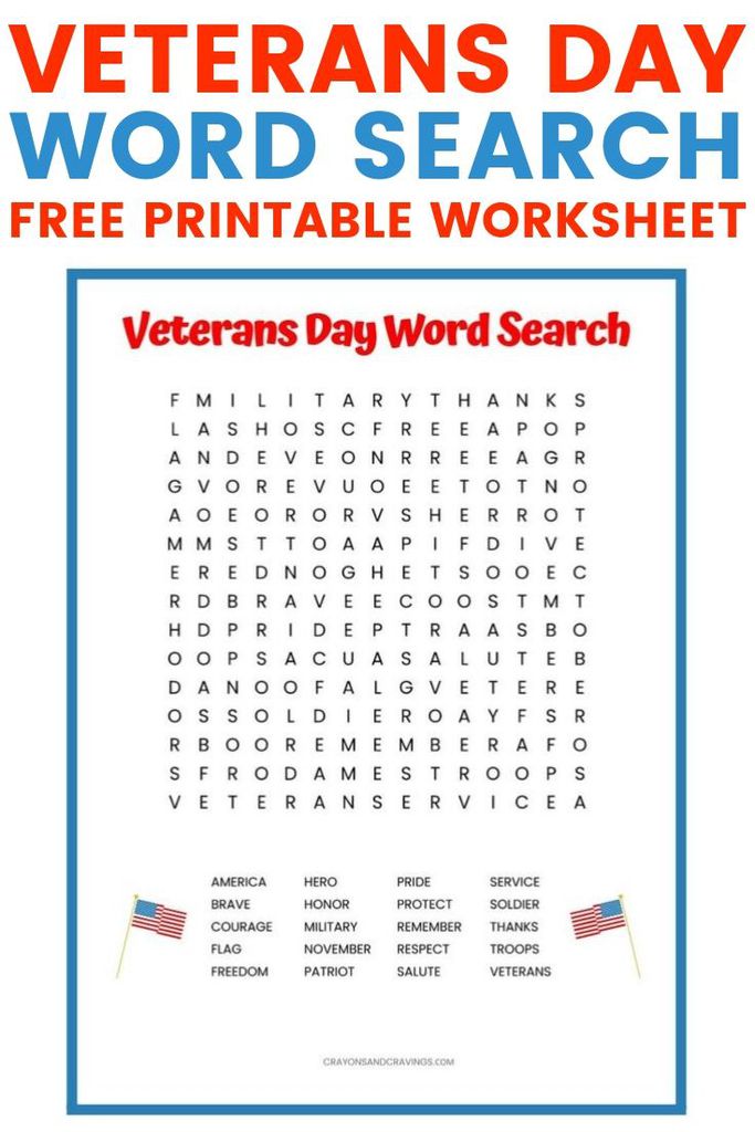 Veterans Day Word Search Worksheet for Kids