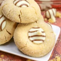 peanut butter blossom cookies plated and stacked