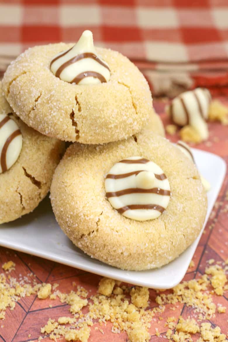 peanut butter blossom cookies plated and stacked