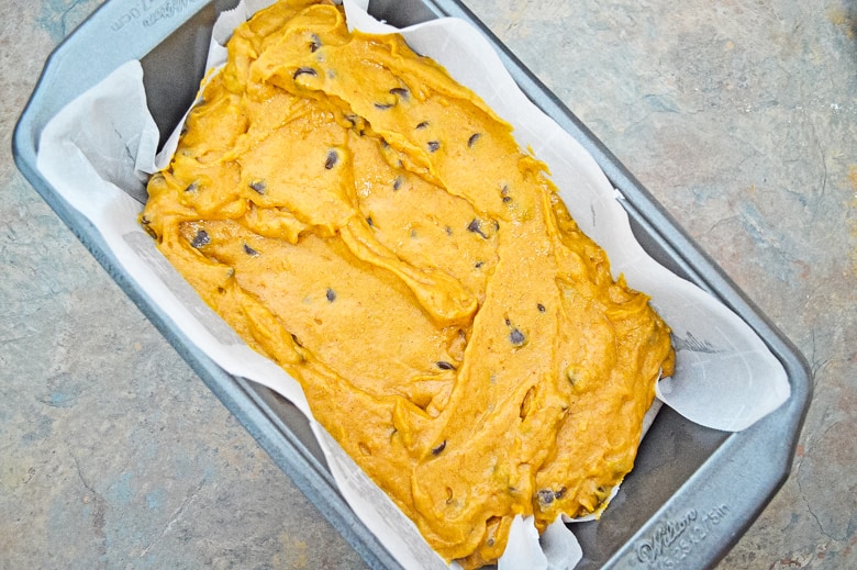 pumpkin chocolate chip bread batter in pan