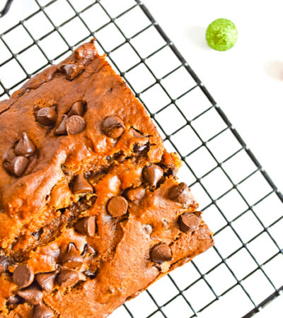 pumpkin chocolate chip bread cooling on wire rack