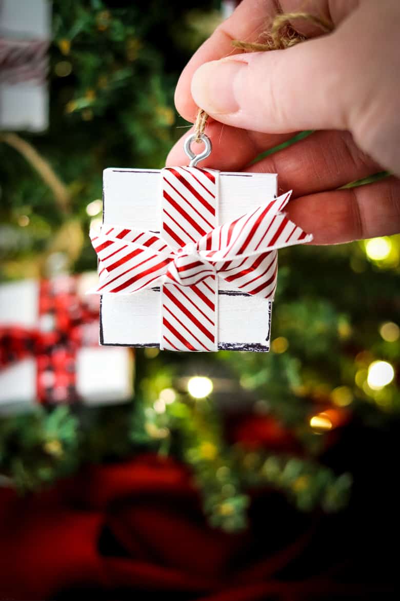 Gift Box Ornament with Red and White Ribbon