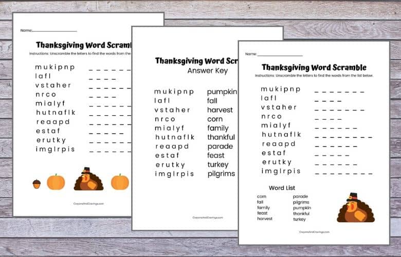 Thanksgiving Word Scramble FREE Printable with Answer Key