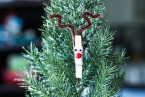 clothespin reindeer ornament on Christmas tree