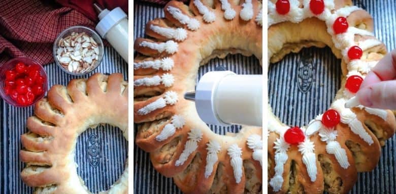 Decorate Tea Ring with Frosting, almonds, and cherries