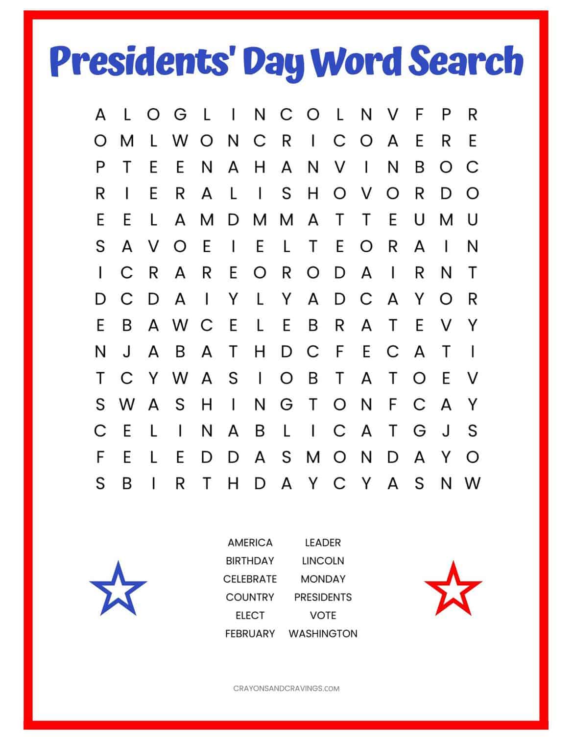 Presidents' Day Word Search FREE Printable Worksheet