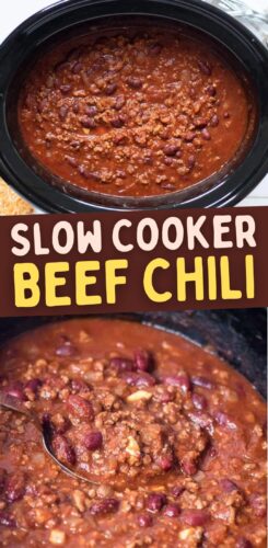 Slow cooker beef chili collage pin.