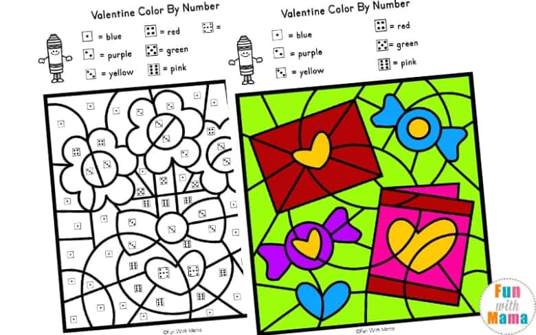 Color by number worksheets for Valentine's Day.