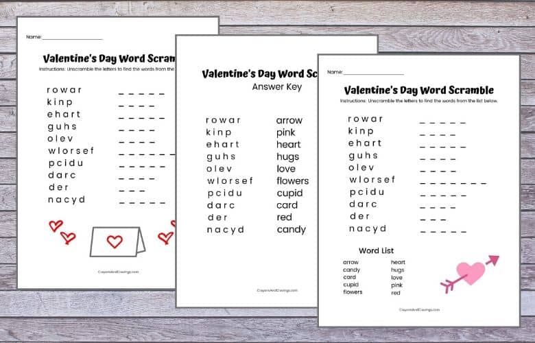 Valentine's Day Word Jumbles for Kids with an answer key and both with and without a word bank.