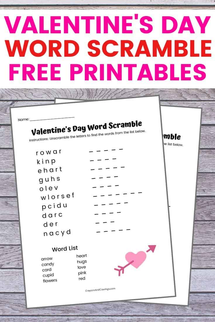 Valentine's Day Word Scramble Worksheet for Kids.