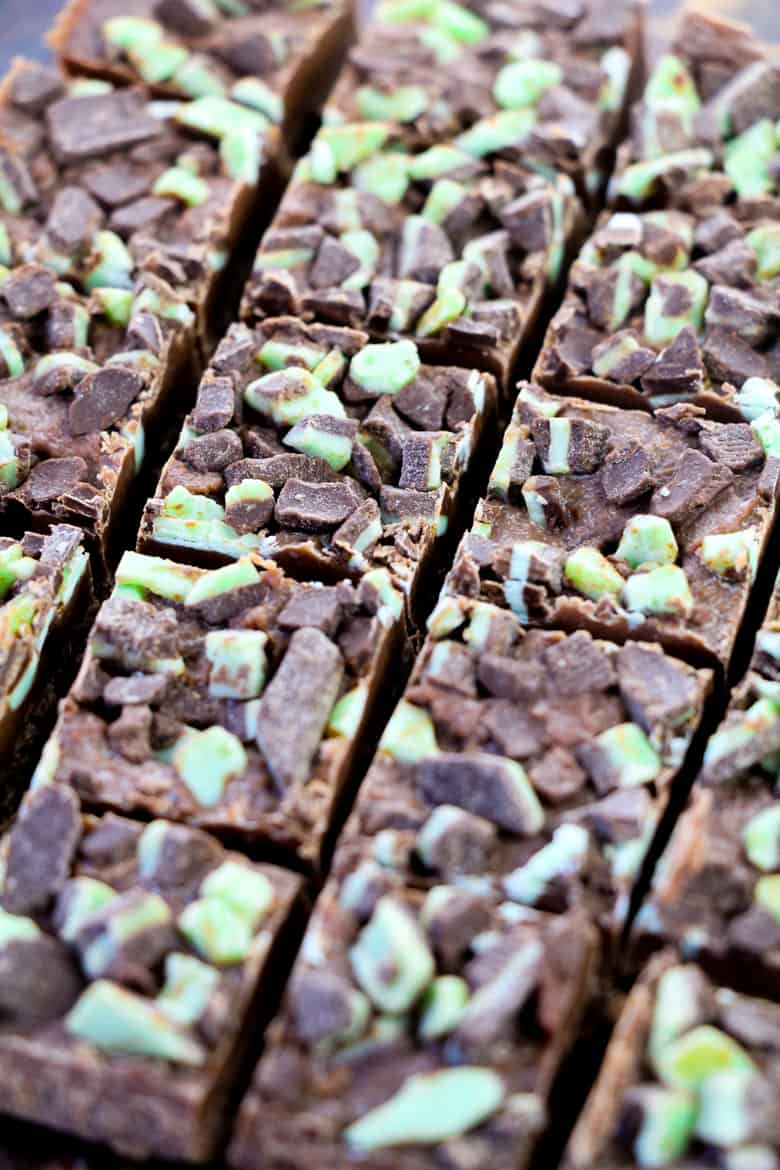 Mint fudge sliced into 1 inch squares