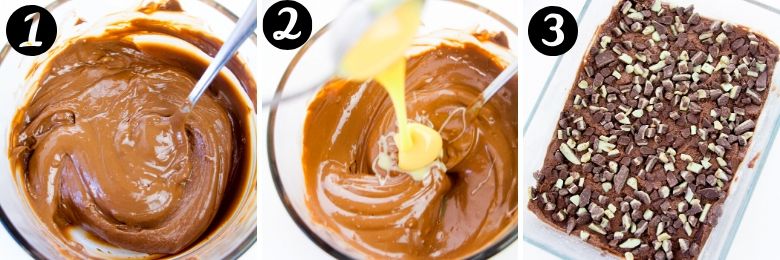 3 image collage: melted chocolate in a glass bowl, sweetened condensed milk being poured into bowl, mixture spread out in glass pan and topped with chopped Andes mints