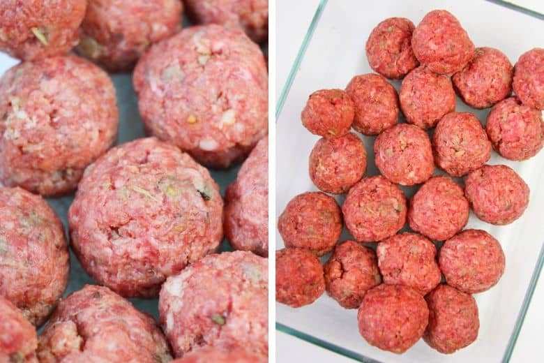 Hand-rolled meatballs, uncooked and laid on a glass platter