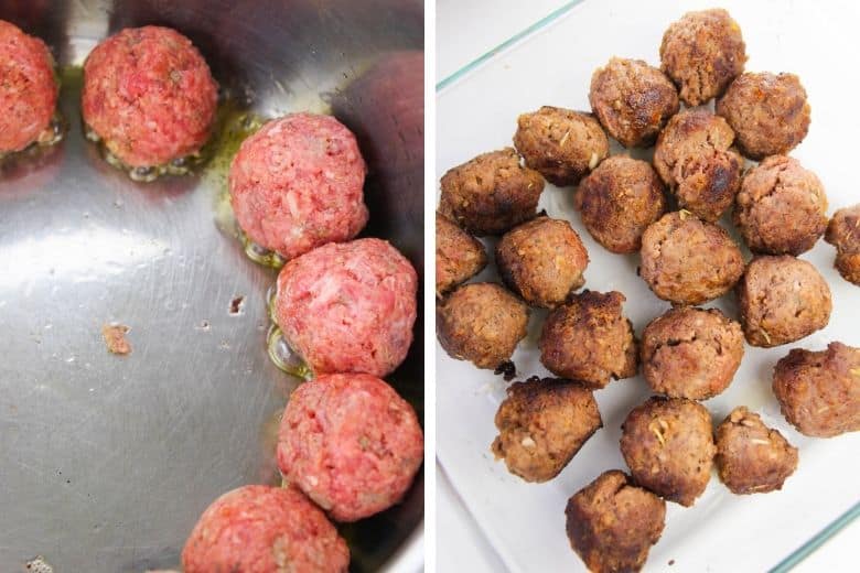 Meatballs being sauteed in the Instant Pot, and another image featuring the browned meatballs in a glass pan