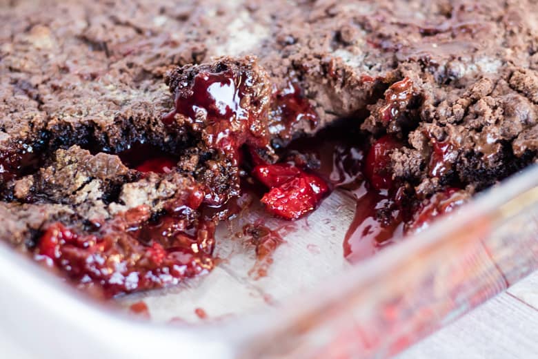 3 Ingredient cake with cherry pie filling and devil's food cake mix made in a 9 x 13 pan.