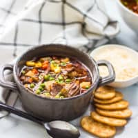 Beef Vegetable Soup served with crackers and cheese