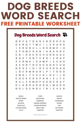 Dog Breeds Word Search Free Printable Worksheet