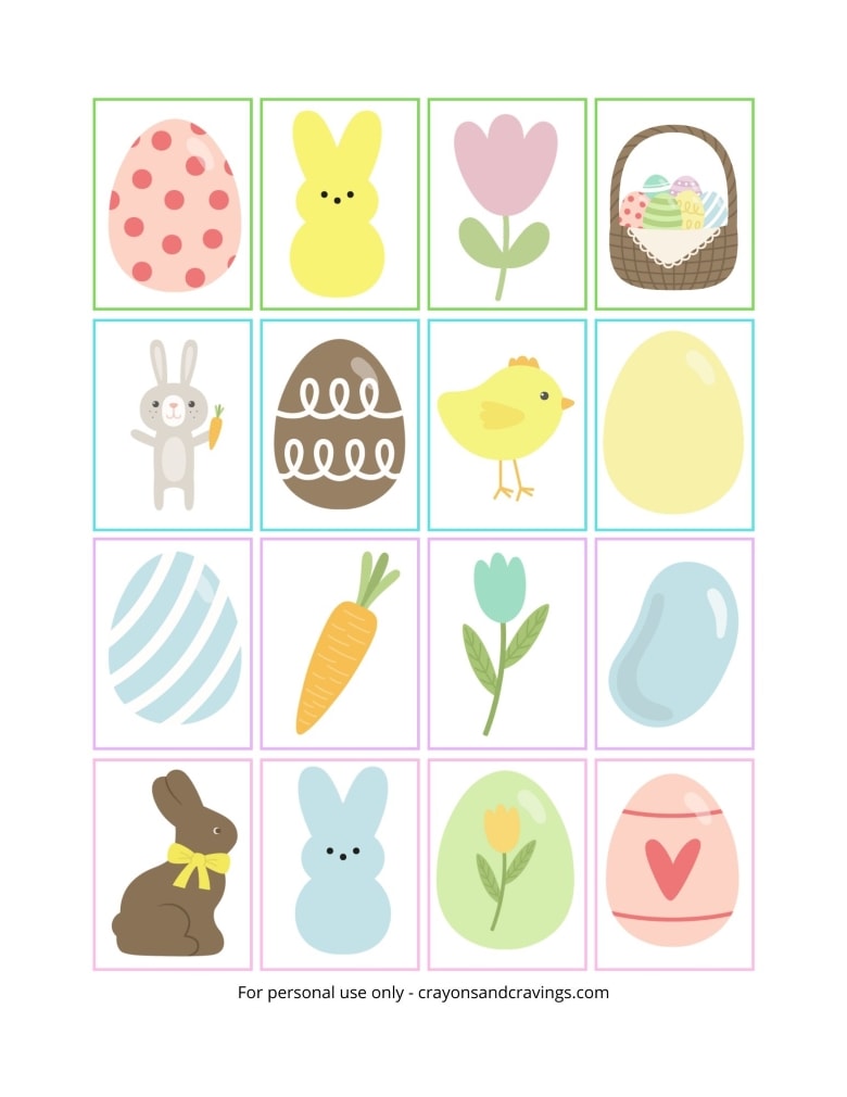 Easter Memory game printable with 16 Easter-themed pictures to children to match.