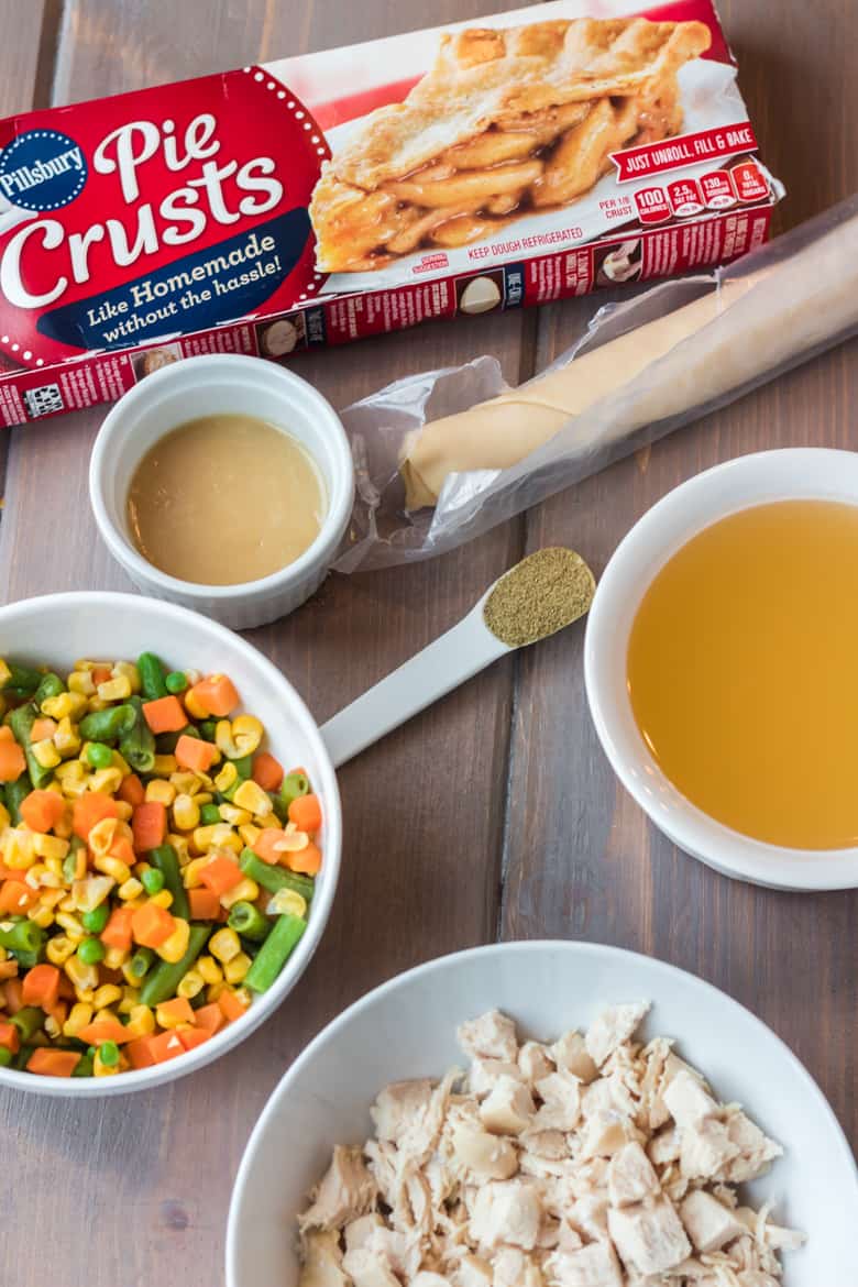 Pie Crusts, broth, diced chicken, vegetables, and seasoning