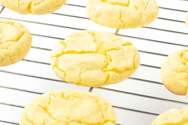Lemon Cake Mix Cookies on cooling rack.