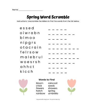 Spring Word Scramble Free Printable With Answer Key