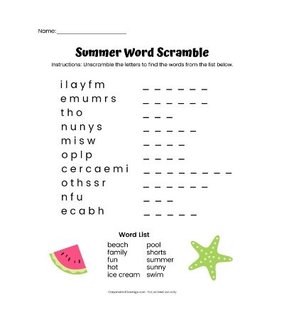 Summer Word Scramble Free Printable With Answer Key