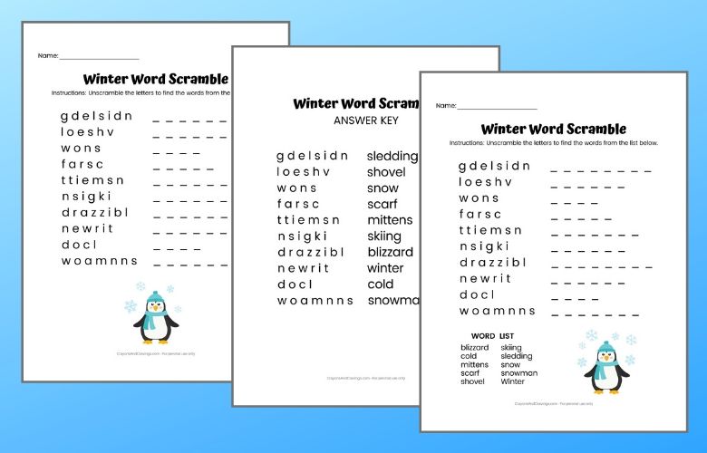 Winter Word Scramble Free Printable With Answer Key