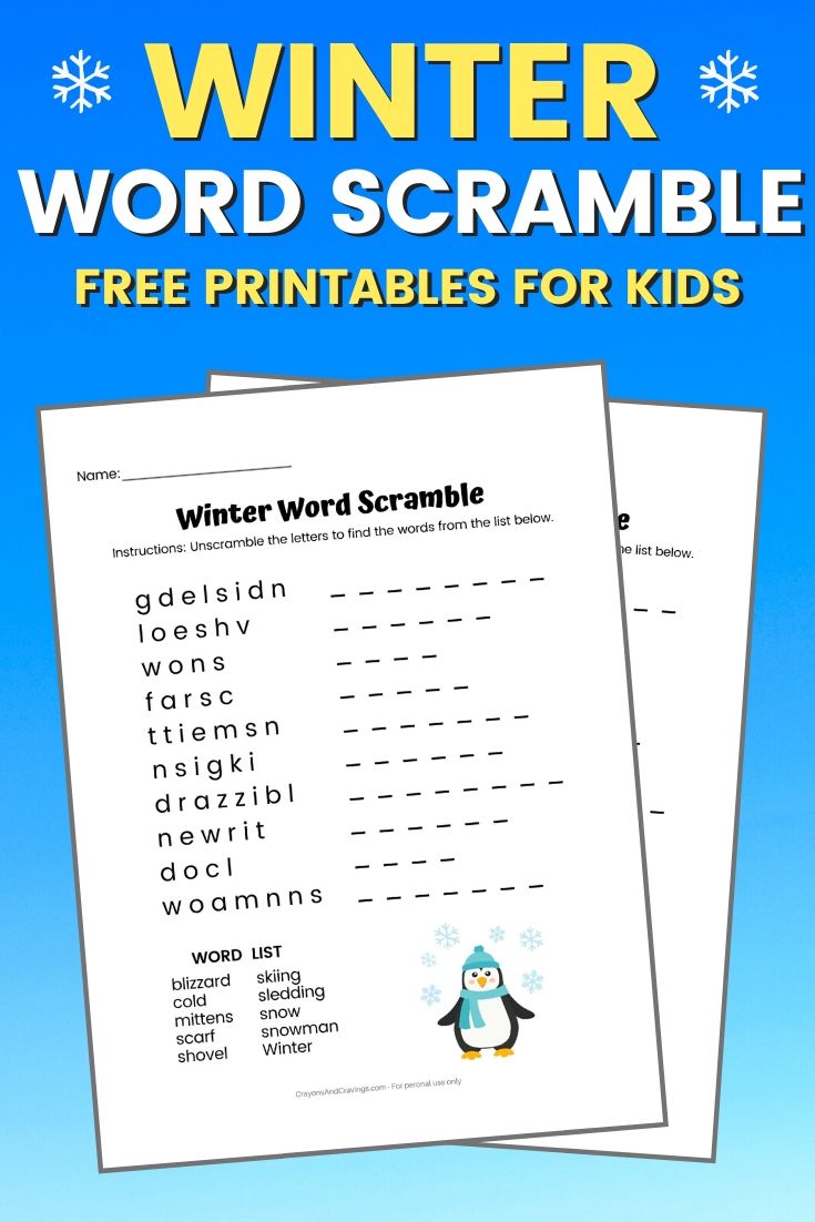 Winter Word Scramble Free Printable for Kids
