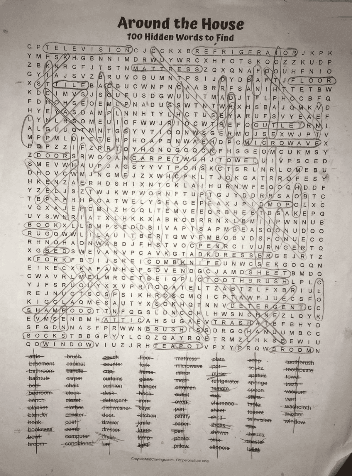 Answer key with all 100 words circled.