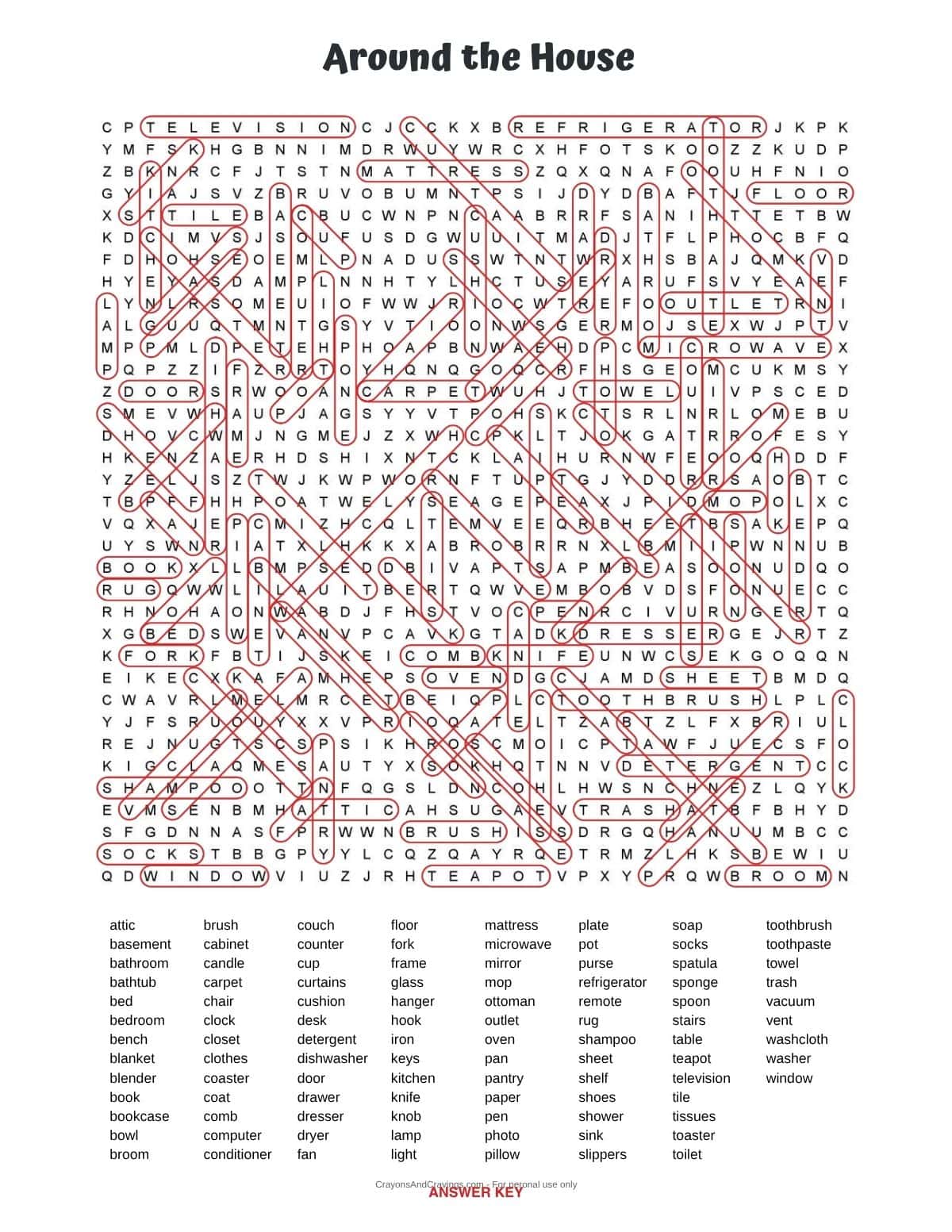 Answer key for the 100 word Around the House word search with all 100 hidden words circled in red.
