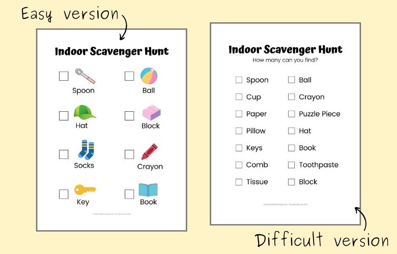 At Home Scavenger Hunts for Kids - Easy and difficult versions available